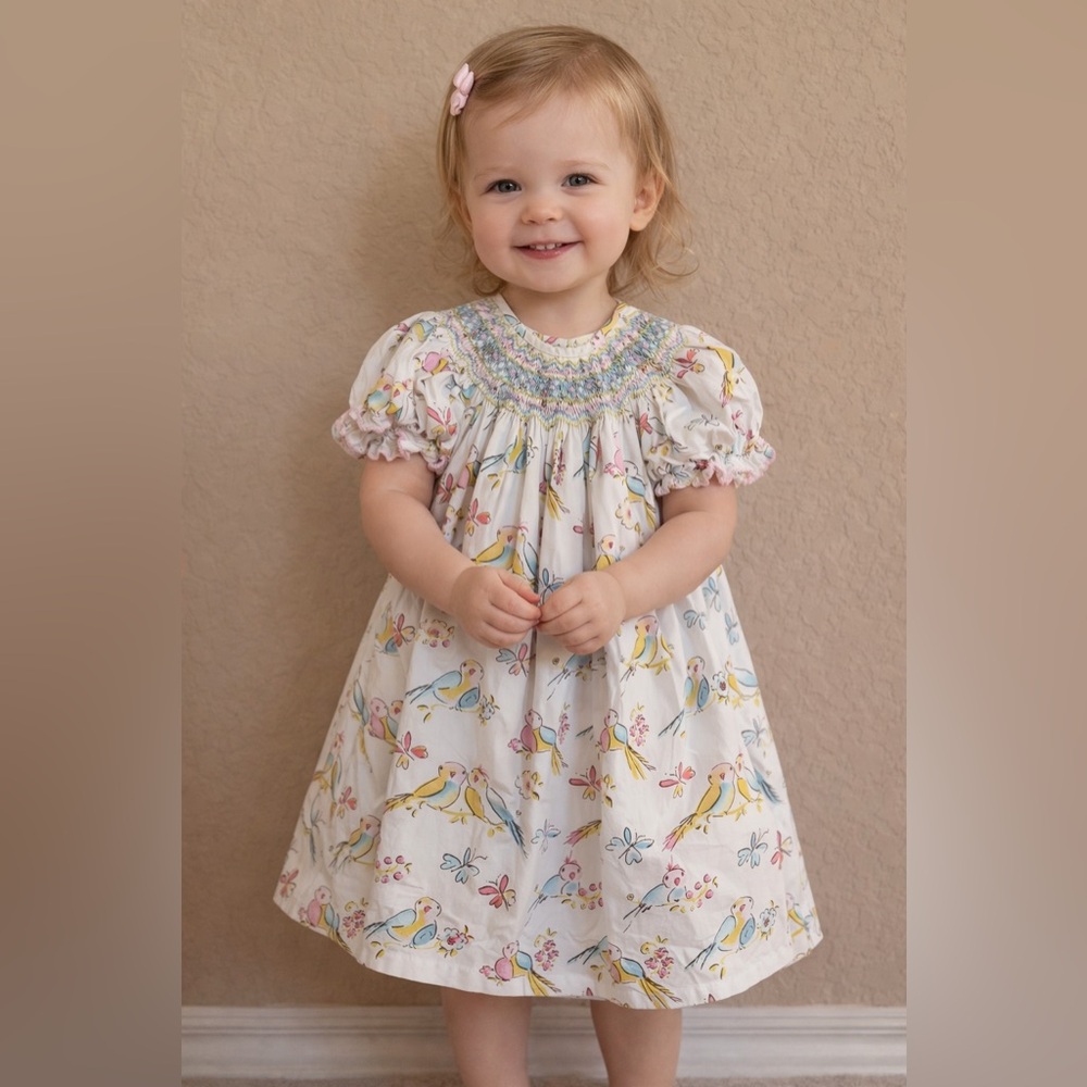 Le’ Za Me Smocked Bird Print Dress 3T-Boutique Toddler Girls Easter Spring Dress